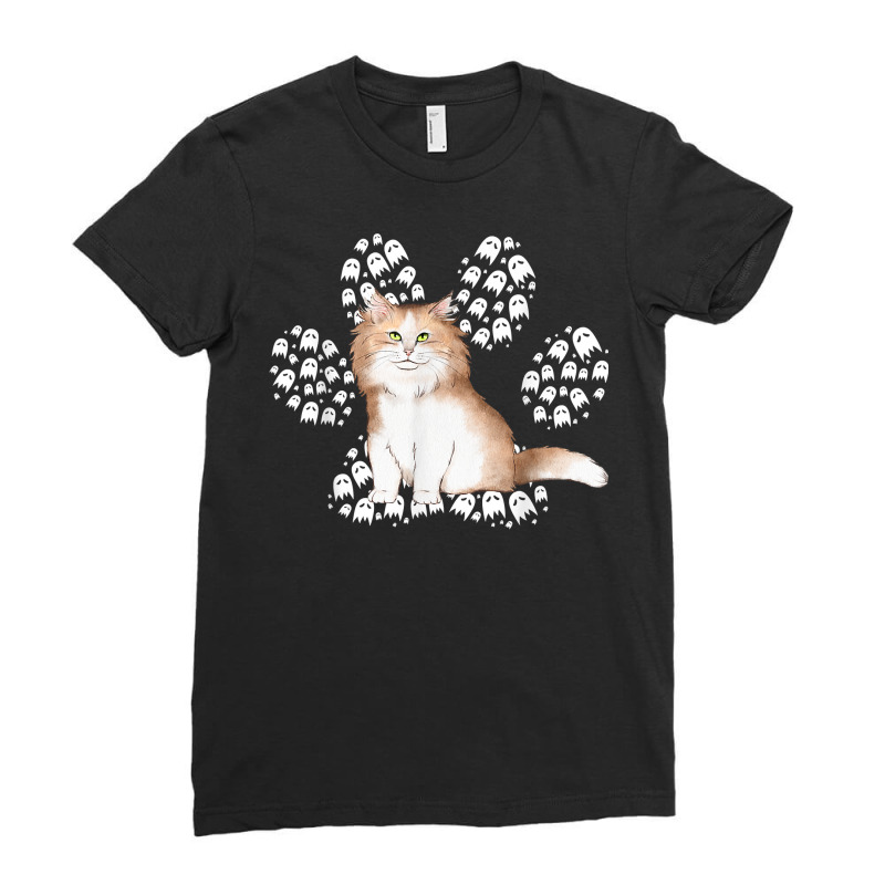 Halloween Siberian Brown Tuxedo Cat Ghosts Cat Paw T Shirt Ladies Fitted T-Shirt by cm-arts | Artistshot