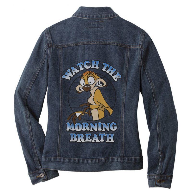 Funny Lion And King Timon Watch The Morning Breath Ladies Denim Jacket by althubich | Artistshot