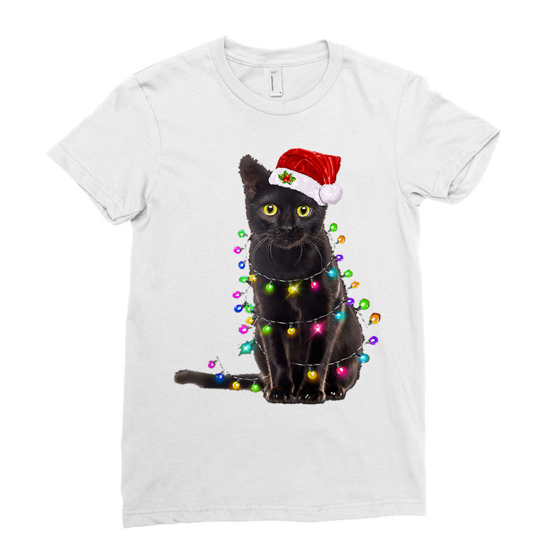 Black Cat Christmas Light Up Shirt Realistic Cat Christmas Raglan Base Ladies Fitted T-Shirt by cm-arts | Artistshot