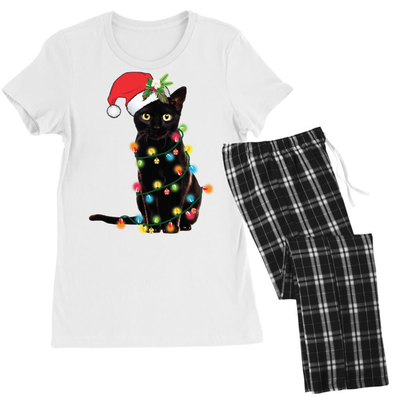 Black Cat Santa Tangled Up In Christmas Lights Sweatshirt Women's Pajamas Set by cm-arts | Artistshot