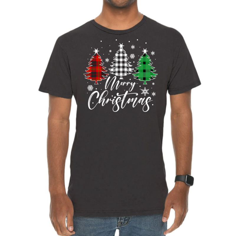 Merry Christmas Tree Buffalo Plaid Red White Green Light Top Long Slee Vintage T-shirt | Artistshot