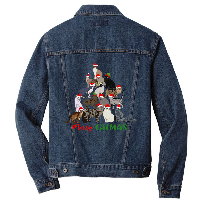 Merry Catmas Christmas Cat Tree Funny Merry Catmas Christmas Cat Tree Men Denim Jacket by kerchingparticular | Artistshot