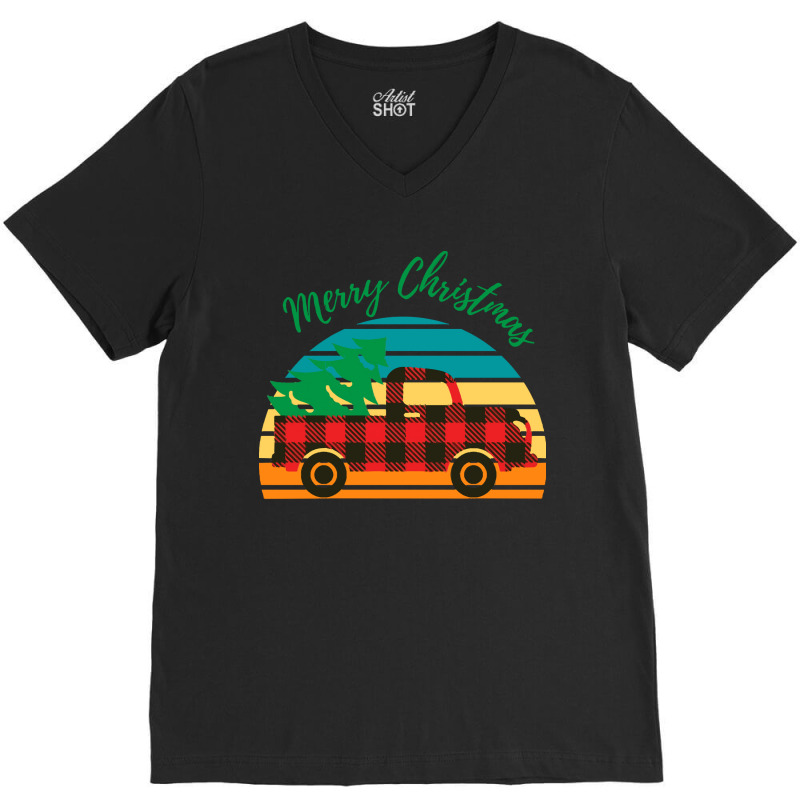 Merry Christmas Truck Tree Red Plaid Merry Christmas Truck Tree Red Pl V-Neck Tee by kerchingparticular | Artistshot