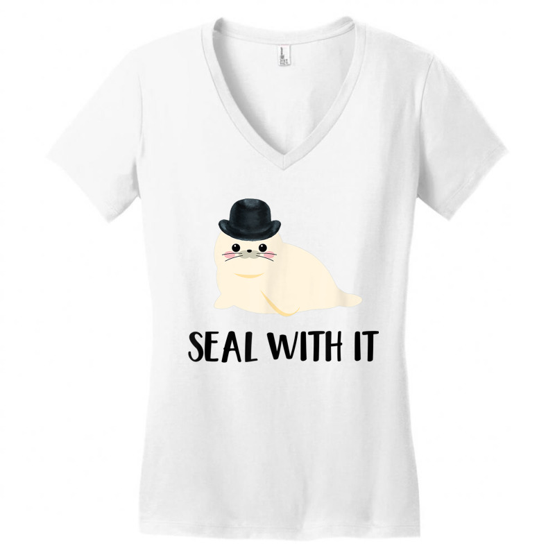 Cute White Sea Lion Seal With It Tee Women's V-Neck T-Shirt by JaronKennedy | Artistshot