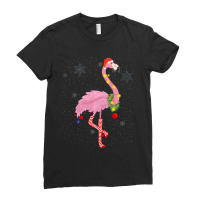 Cute Pink Flamingo With Snow, Lights And Santa Hat Christmas Ladies Fitted T-shirt | Artistshot