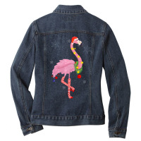 Cute Pink Flamingo With Snow, Lights And Santa Hat Christmas Ladies Denim Jacket | Artistshot