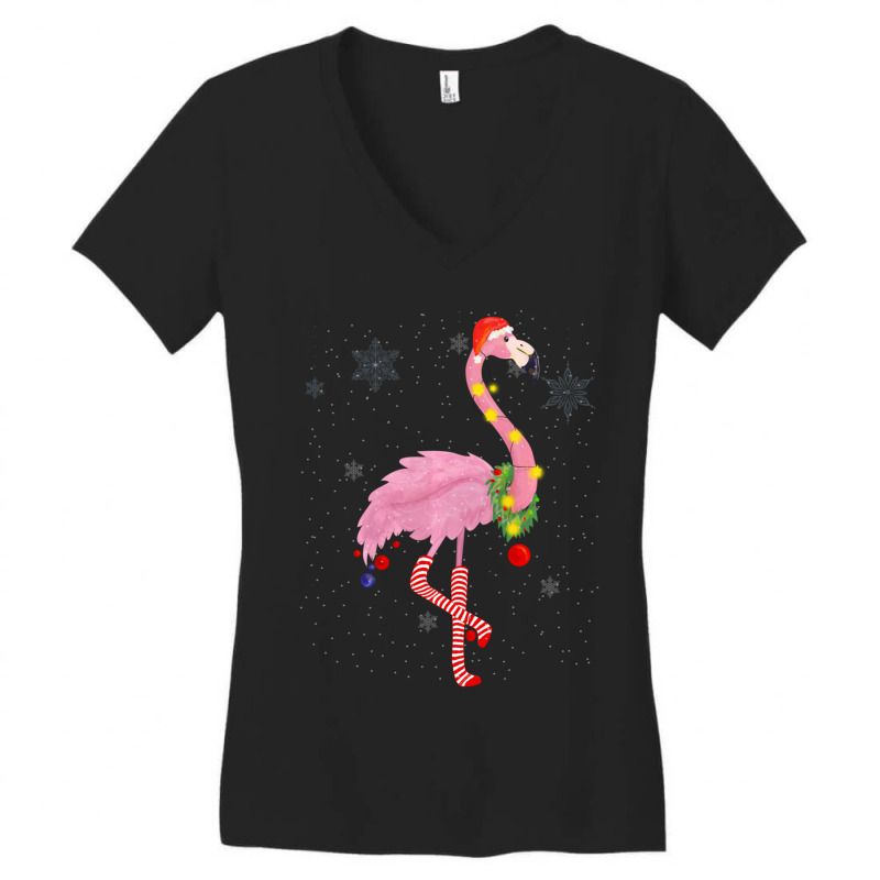 Cute Pink Flamingo With Snow, Lights And Santa Hat Christmas Women's V-Neck T-Shirt by behindcedar22 | Artistshot