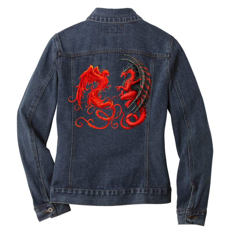 Rising Phoenix Fire And Dragon T Shirt Ladies Denim Jacket by hin | Artistshot