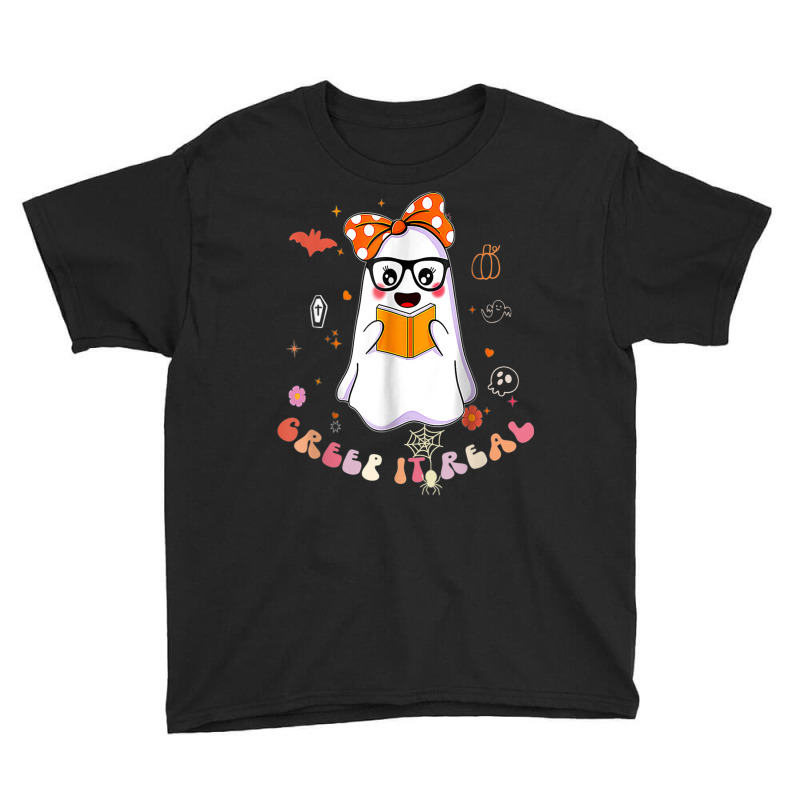 Groovy Halloween Creep It Real Funny Ghost Reading Youth Tee by Color | Artistshot