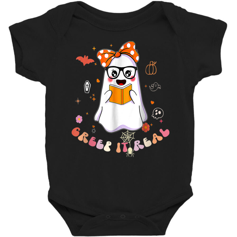 Groovy Halloween Creep It Real Funny Ghost Reading Baby Bodysuit by Color | Artistshot