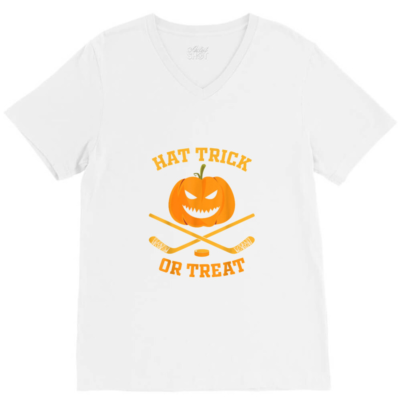 Hat Trick Or Treat Funny Pumpkin Ice Hockey Halloween V-Neck Tee by Ariannajamie | Artistshot