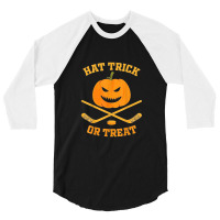 Hat Trick Or Treat Funny Pumpkin Ice Hockey Halloween 3/4 Sleeve Shirt | Artistshot