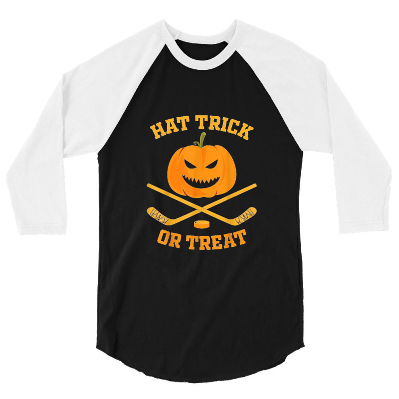 Hat Trick Or Treat Funny Pumpkin Ice Hockey Halloween 3/4 Sleeve Shirt by Ariannajamie | Artistshot