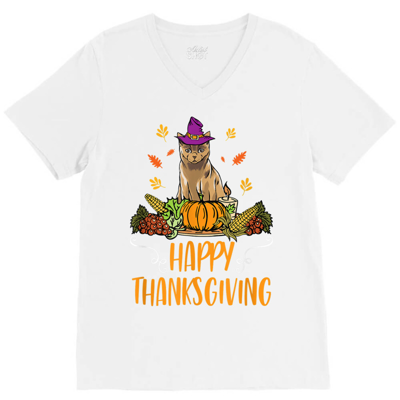 Happy Thanksgiving Cat Clothing Gift Funny Thanksgiving Day V-neck Tee | Artistshot