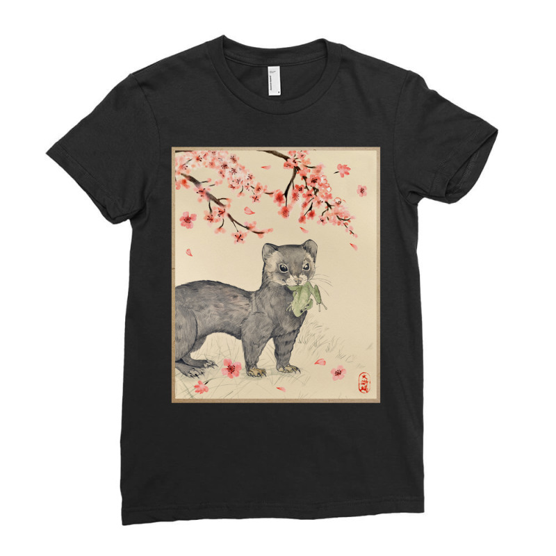 Vintage Japanese Art Ferret Cherry Blossom Woodblock Print Long Sleeve Ladies Fitted T-Shirt by cm-arts | Artistshot