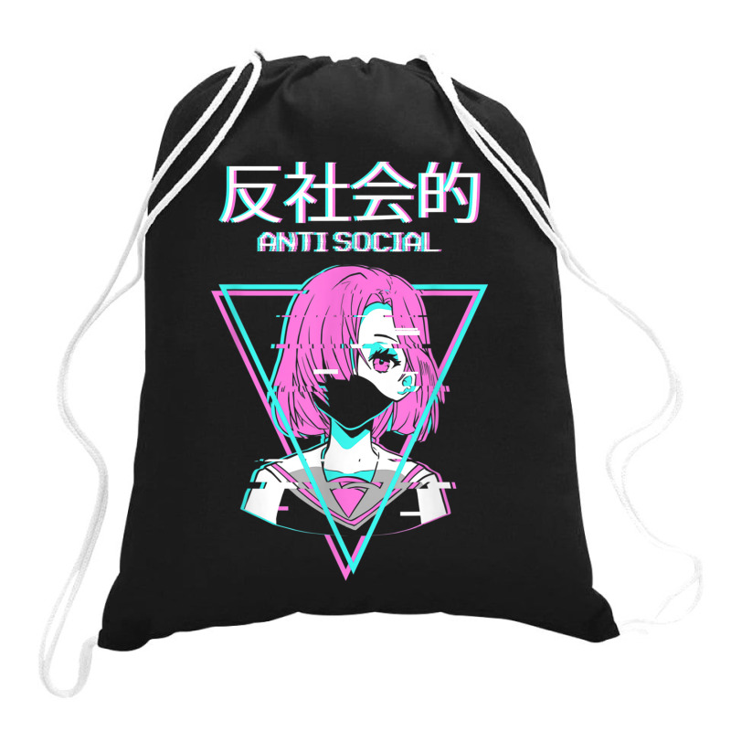 Antisocial Vaporwave Anime Girl Japanese Indie Alt Aesthetic Drawstring Bags | Artistshot