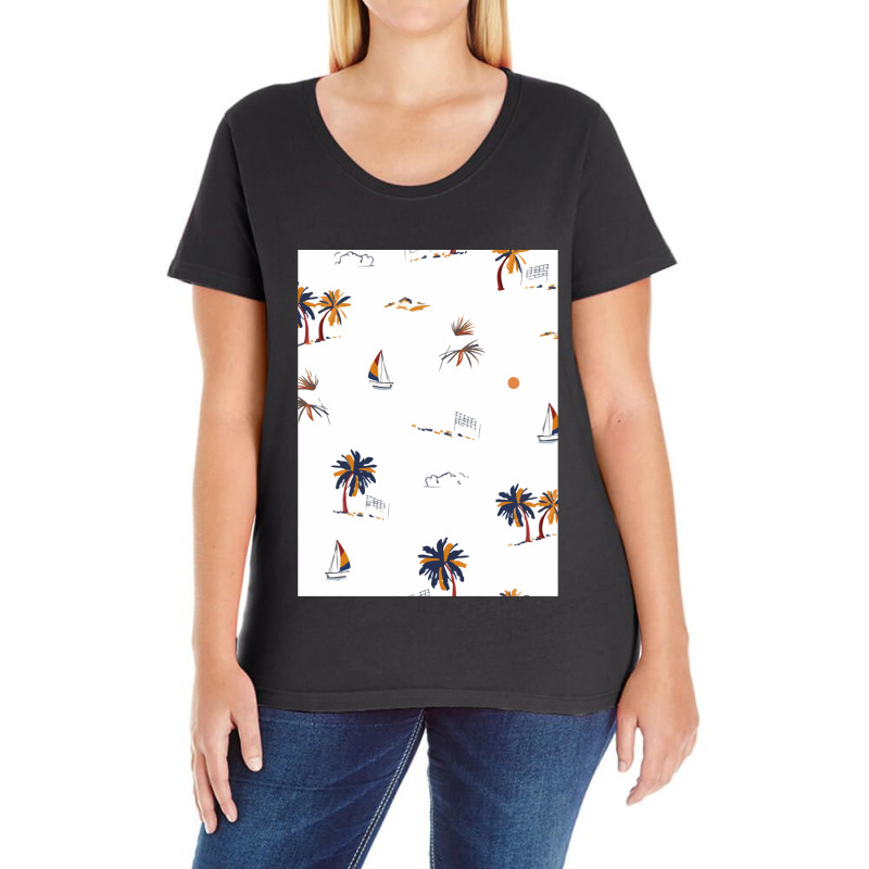 Beautiful Hand Drawn Summer Island Vacation Mood Paradise Seamless Pat Ladies Curvy T-Shirt by cm-arts | Artistshot