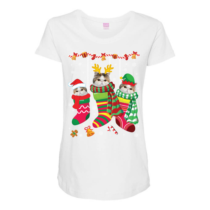 Three Exotic Shorthair Cats Inside Christmas Socks Merry Pullover Hood Maternity Scoop Neck T-shirt by tamkyfashions | Artistshot