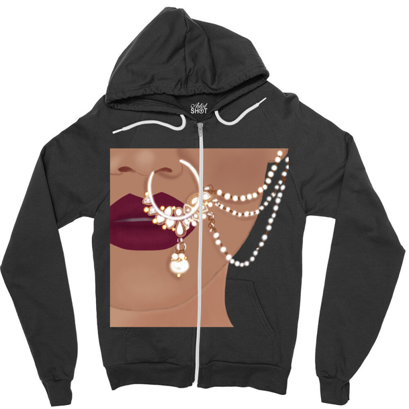 Desi Indian Pakistani  With Red Lips And Nose Ring With Chain Zipper Hoodie by cm-arts | Artistshot