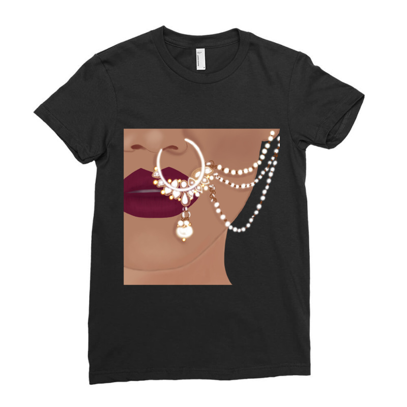 Desi Indian Pakistani  With Red Lips And Nose Ring With Chain Ladies Fitted T-Shirt by cm-arts | Artistshot