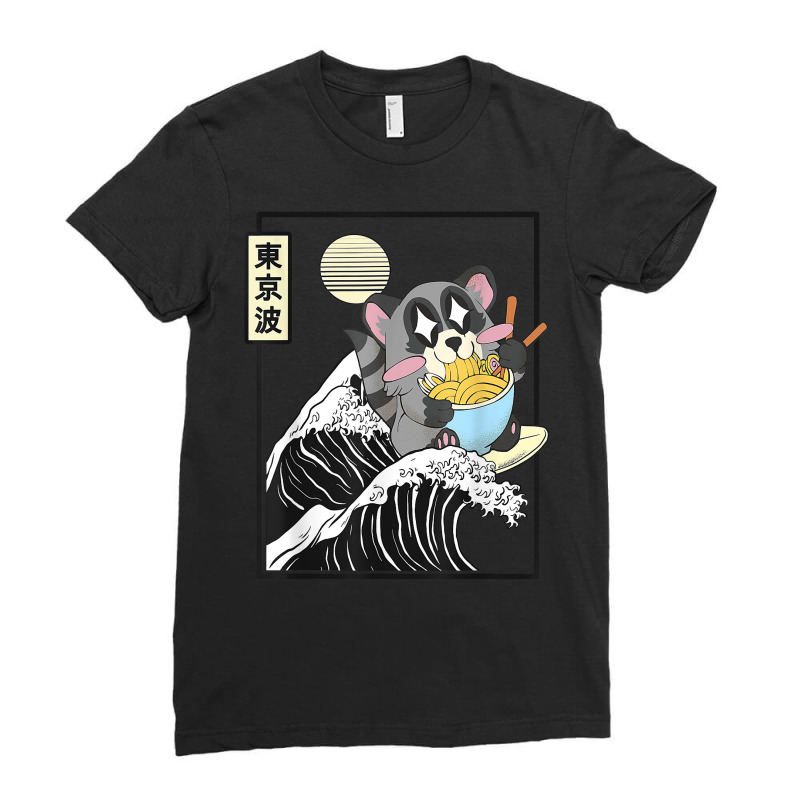 Raccoon Eating Ramen Japanese Waves Anime Minimal Kawaii T Shirt Ladies Fitted T-Shirt by cm-arts | Artistshot