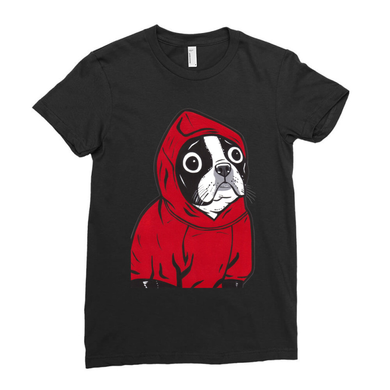 Boston Terrier In A Red Hoodie Ladies Fitted T-Shirt by cm-arts | Artistshot