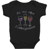 Womens At My Age I Need Glasses Three Wine Bling Rhinestone V Neck T S Baby Bodysuit | Artistshot