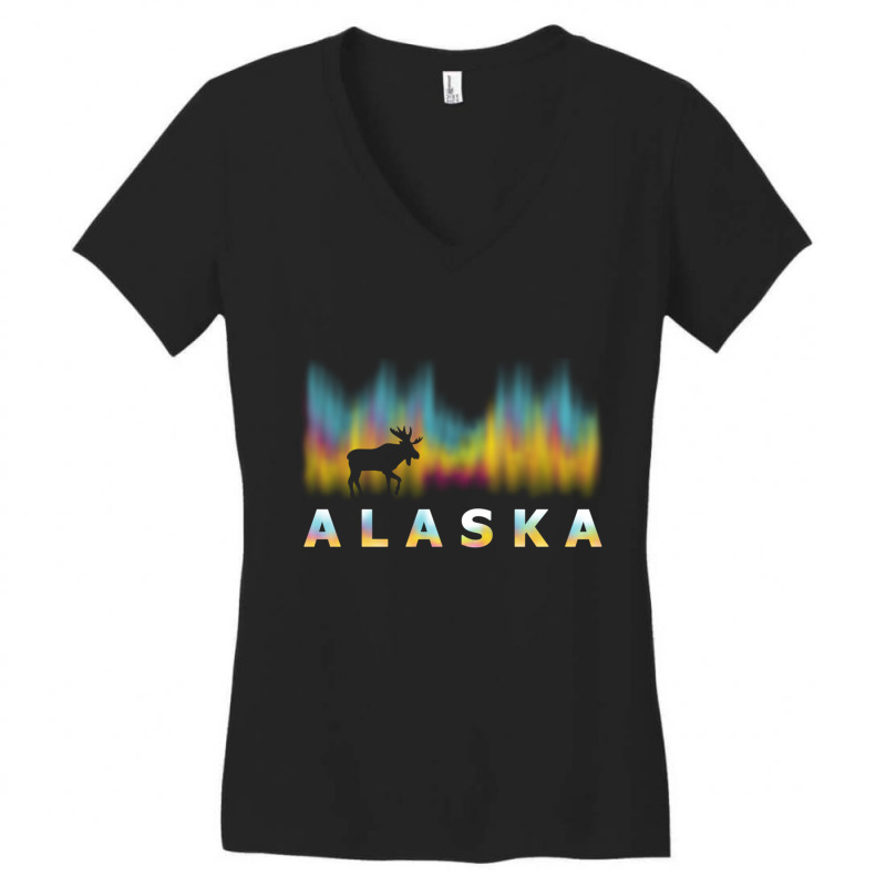 Alaska Reindeer Design With Polar Lights And Moose Pullover Hoodie Women's V-Neck T-Shirt by MaricelyOrtiz | Artistshot