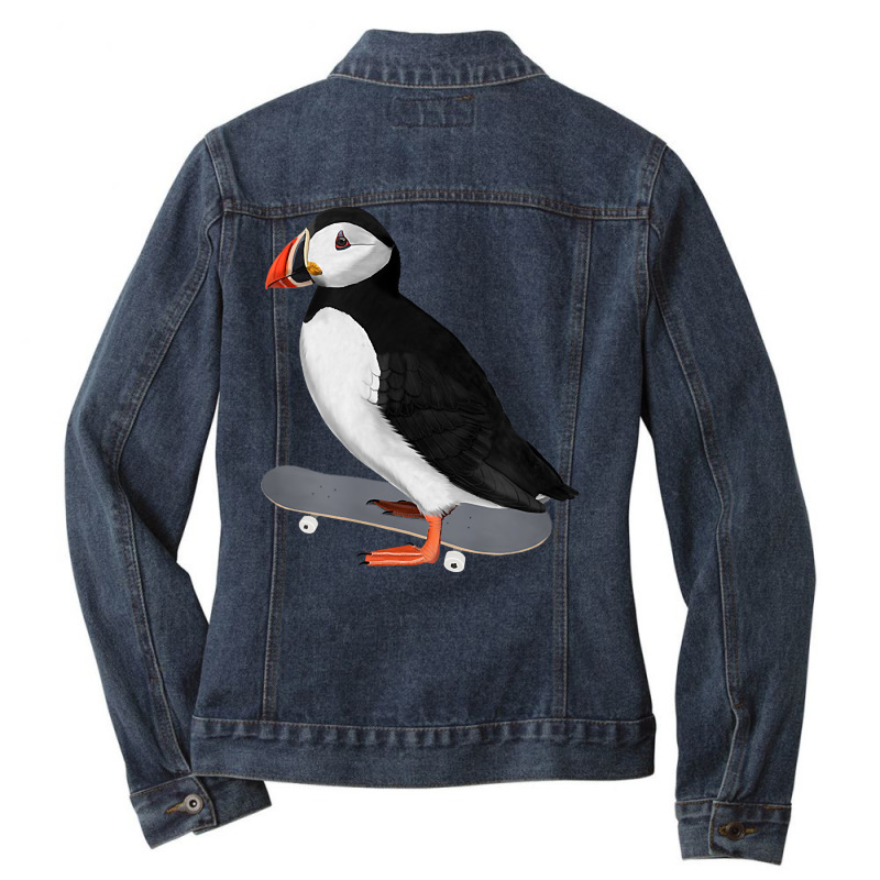 Puffin Bird Skateboard Birdwatcher Animal Biologist T Shirt Ladies Denim Jacket by cm-arts | Artistshot