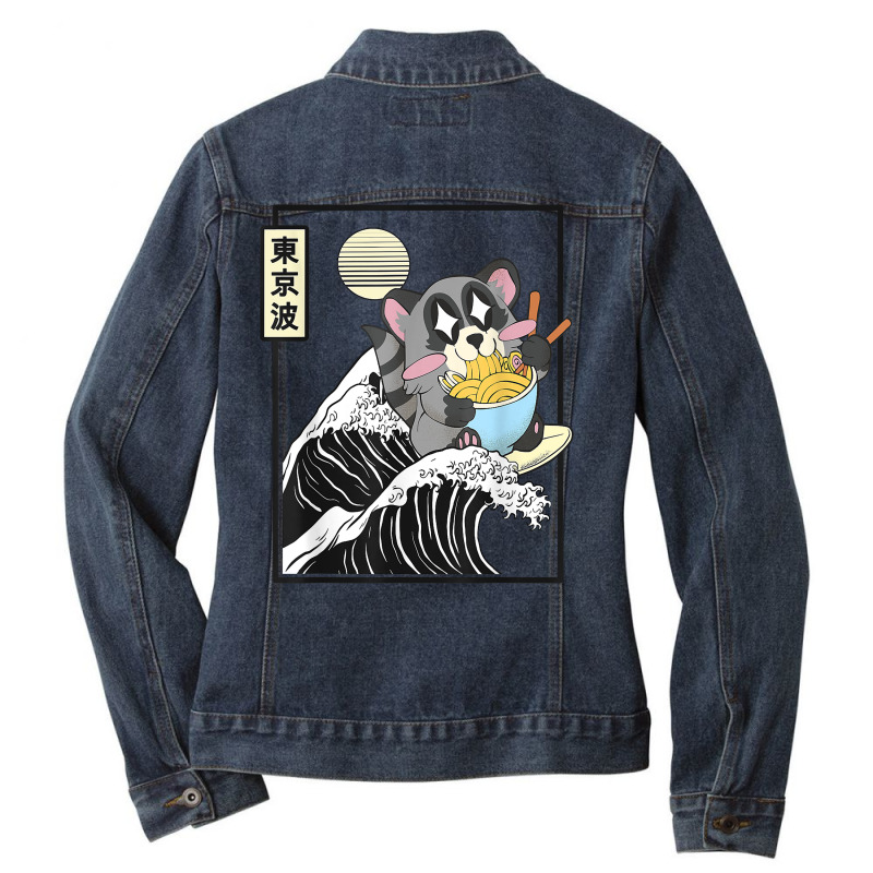 Raccoon Eating Ramen Japanese Waves Anime Minimal Kawaii T Shirt Ladies Denim Jacket by cm-arts | Artistshot