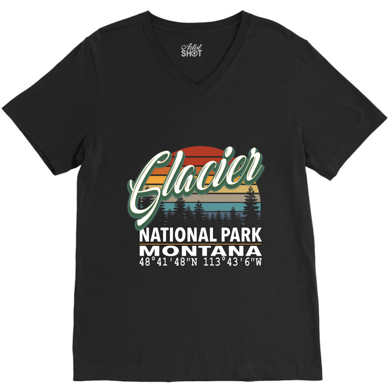 Vintage  Retro Color Glacier National Park With Gps Location Design Re V-Neck Tee by BILLYJOHNSON | Artistshot