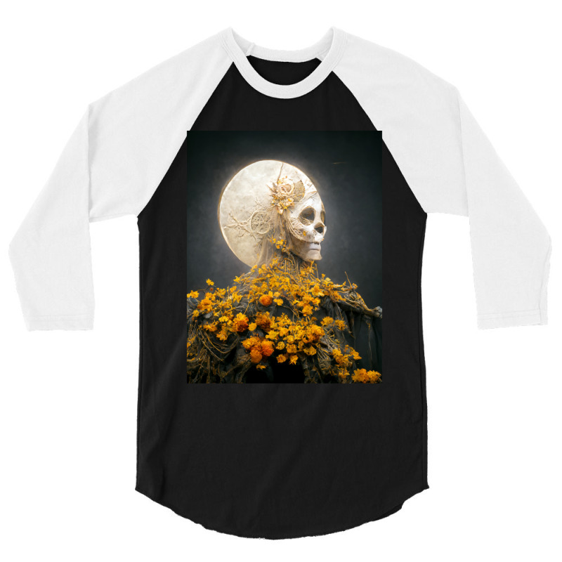 Moon Dia De Los Muertes Saint Goddess Marigolds Midjourney 3/4 Sleeve Shirt by cm-arts | Artistshot