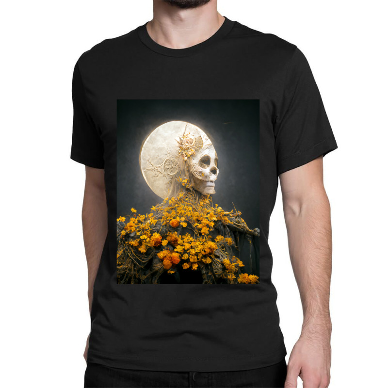 Moon Dia De Los Muertes Saint Goddess Marigolds Midjourney Classic T-shirt by cm-arts | Artistshot