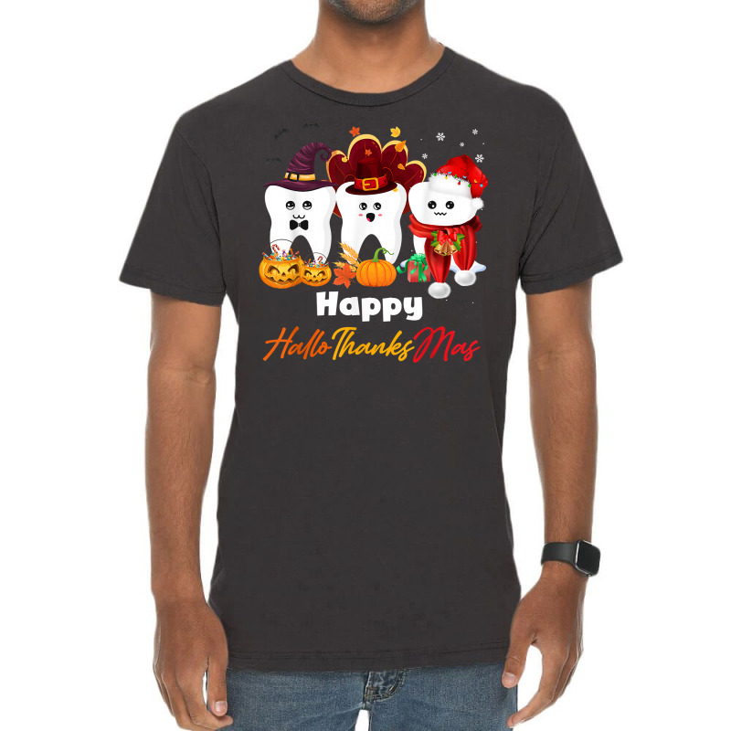 Teeth Hallothanksmas Halloween Thanksgiving Christmas Dental T Shirt Vintage T-shirt | Artistshot