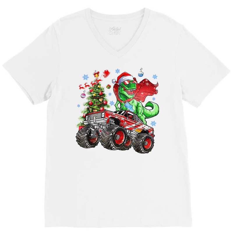 Christmas Tree Dinosaur Riding Monster Truck Christmas T Shirt V-neck Tee | Artistshot