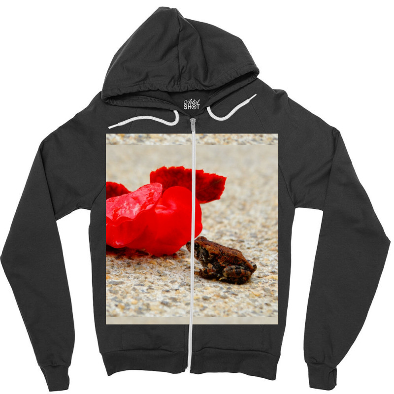 Cute Tiny Multi Colored Frog Next To A Red Geranium Blossom Flower  Sl Zipper Hoodie by cm-arts | Artistshot