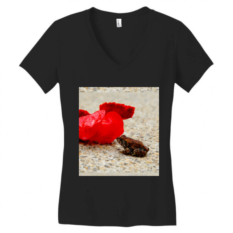 Cute Tiny Multi Colored Frog Next To A Red Geranium Blossom Flower  Sl Women's V-Neck T-Shirt by cm-arts | Artistshot