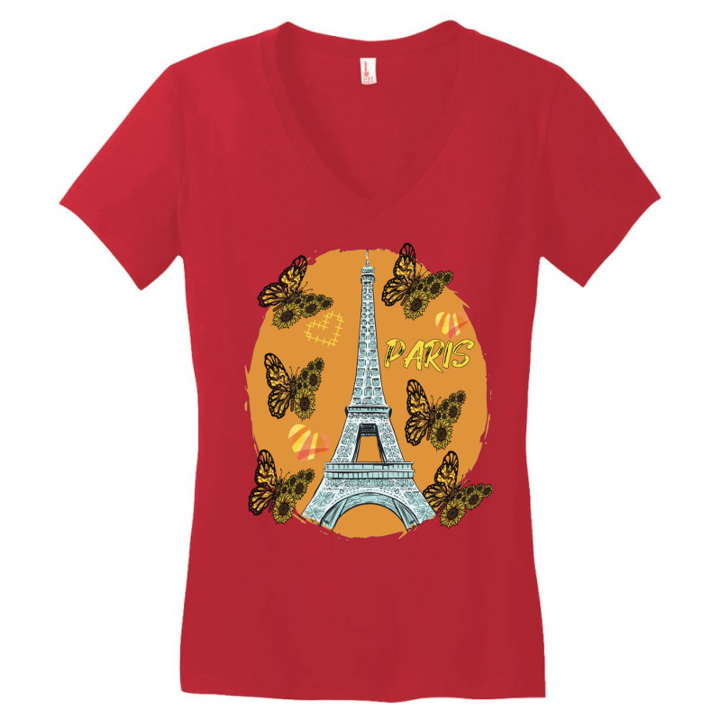 Love Paris Hearts Eiffel Tower Butterfly France Love French Long Sleev Women's V-Neck T-Shirt by cm-arts | Artistshot