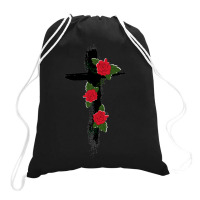 Red Vine Roses Cross Drawstring Bags | Artistshot