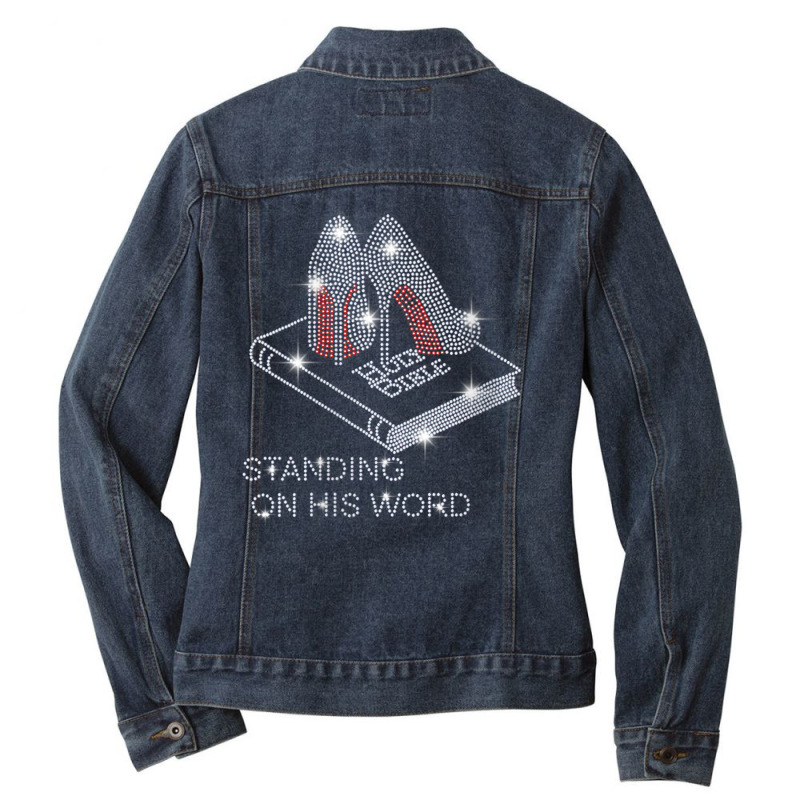 Womens Stand On His Word Bible Christian Bling Rhinestone Tee V Neck T Ladies Denim Jacket by cm-arts | Artistshot