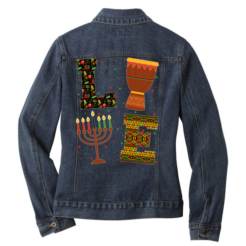 Love Kinara Candles Principles Drum African America Kwanzaa Long Sleev Ladies Denim Jacket by cm-arts | Artistshot