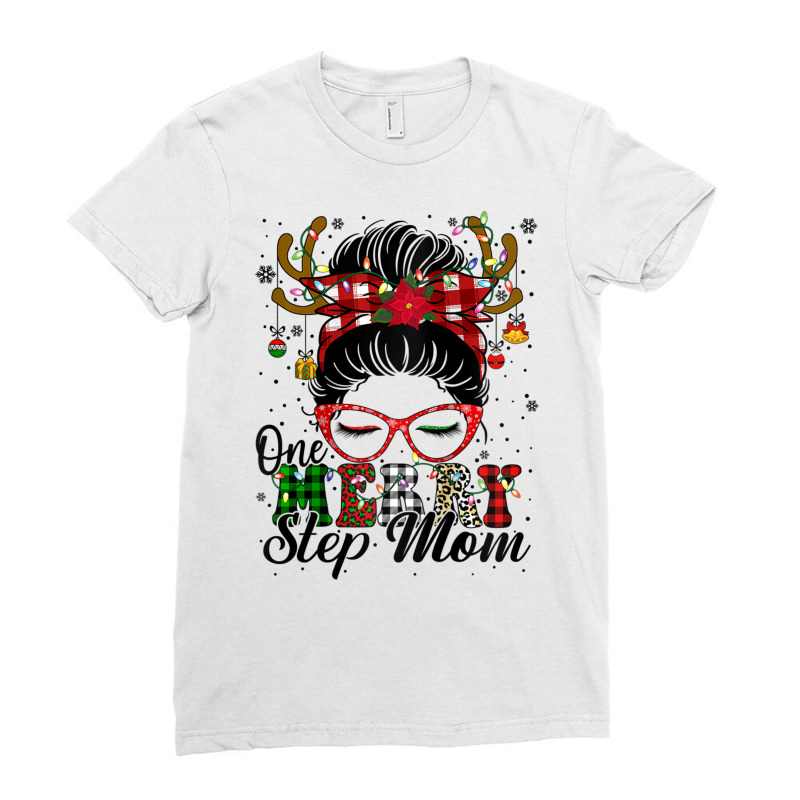 Womens One Merry Step Mom Messy Bun Christmas Family Xmas Pajamas Ragl Ladies Fitted T-Shirt by cm-arts | Artistshot