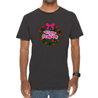 Green Red And Pink Wreath With Merry Christmas Text Overlay Vintage T-shirt | Artistshot