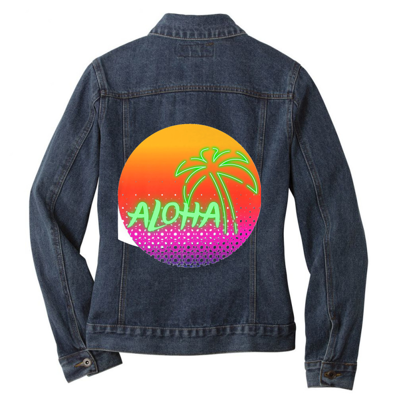 Aloha Hawaii Hawaiian Island Palm Beach Surfboard Sunset Premium Ladies Denim Jacket by JOSEPHDOMINICWILLIS | Artistshot