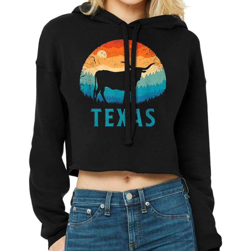 Texas Longhorn Cow Vintage Texan Cattle Herd Retro Lone Star Cropped Hoodie by RomanMikolyants | Artistshot