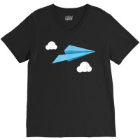 Blue Paper Airplane Paper Plane With White Clouds V-neck Tee | Artistshot