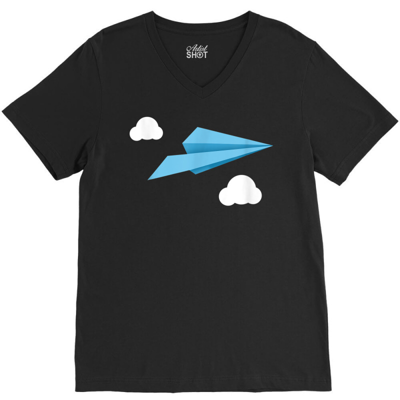 Blue Paper Airplane Paper Plane With White Clouds V-neck Tee | Artistshot