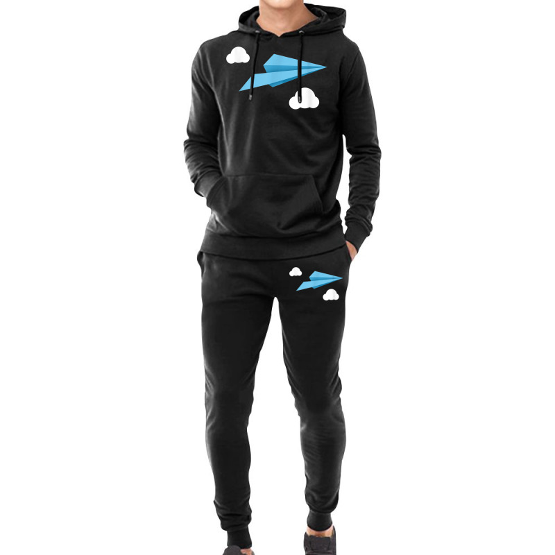 Blue Paper Airplane Paper Plane With White Clouds Hoodie & Jogger Set | Artistshot