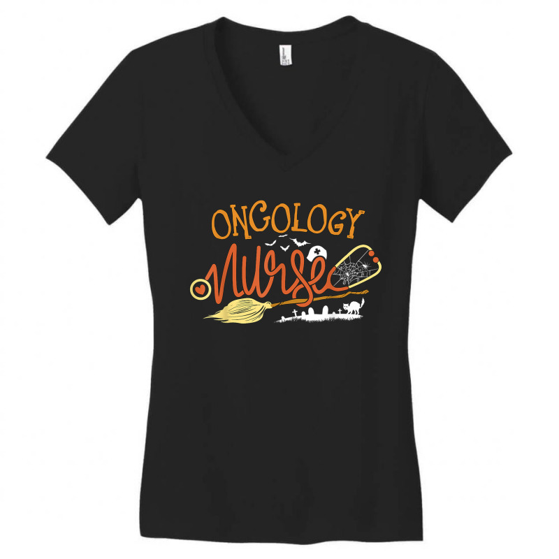 Oncology Nurse Halloween Oncologist Nursing Witch On Broom Women's V-Neck T-Shirt by LucianaFoster | Artistshot