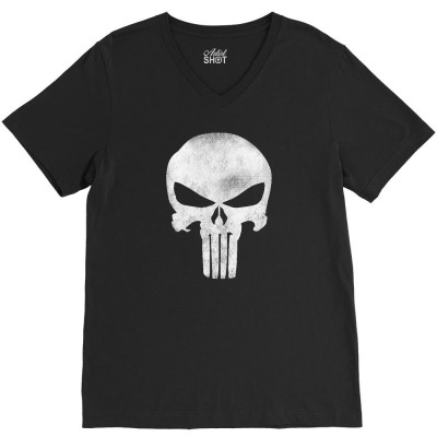 Punisher Skull Vintage V-neck Tee Designed By Dejavu77